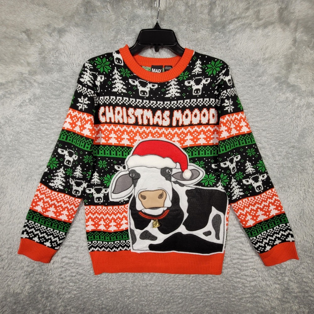Christmas Mood Cow Santa Hat Ugly Christmas Sweater‎ Holiday Festive Small